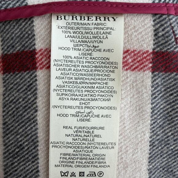 Burberry Brit Blackwell Coat Womens 8 Pink Wool Duffle Toggle Hooded Fur Trim - Picture 16 of 16